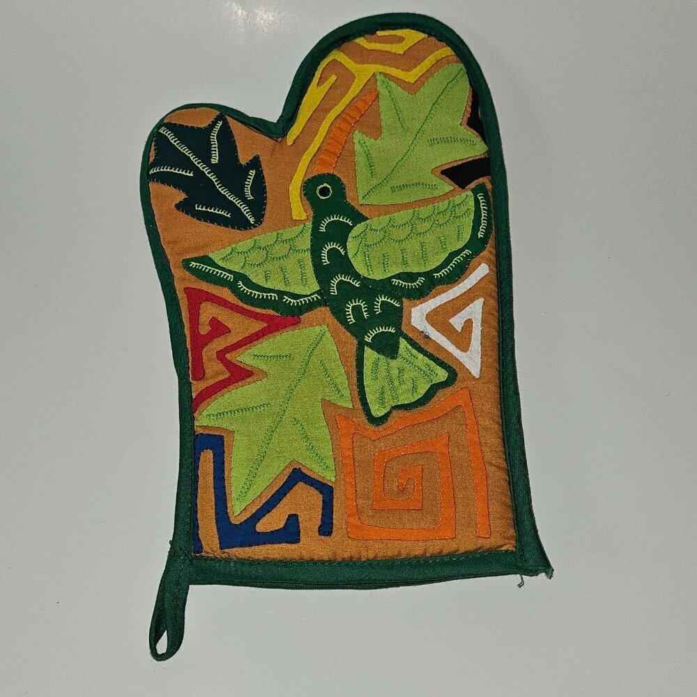 Handmade? Bird Hummingbird Oven Mitt Potholder Leaves Green Brown Orange